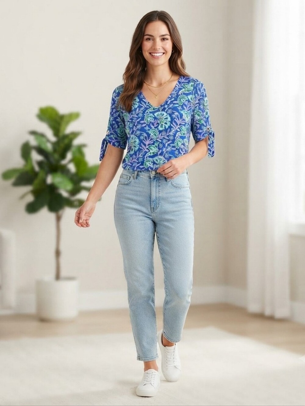 Liz Claiborne Blue Green Floral Tie Sleeve V-Neck Blouse Size M
